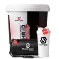 Muscle Gears protein supplement package with a shaker and bag on a white background
