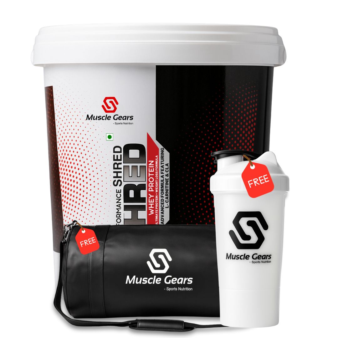 Muscle Gears protein supplement package with a shaker and bag on a white background