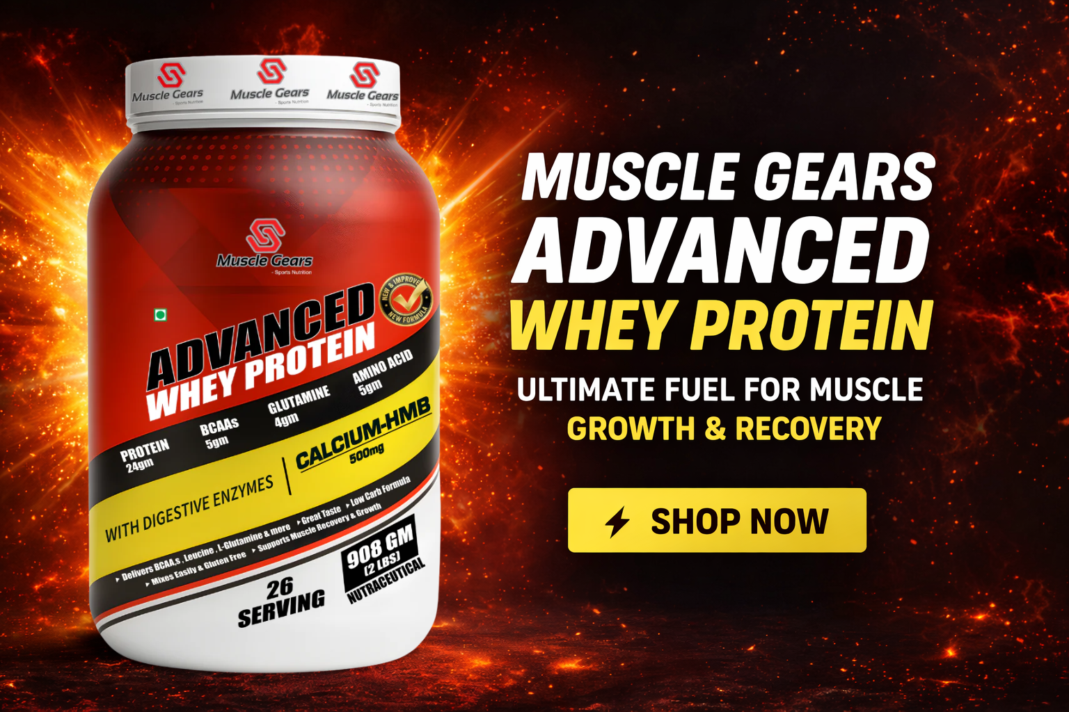 Muscle Gears Advanced Whey Protein container with fiery background