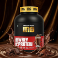 Muscle Gears Prime Whey Protein container with chocolate and coffee elements on a dark background