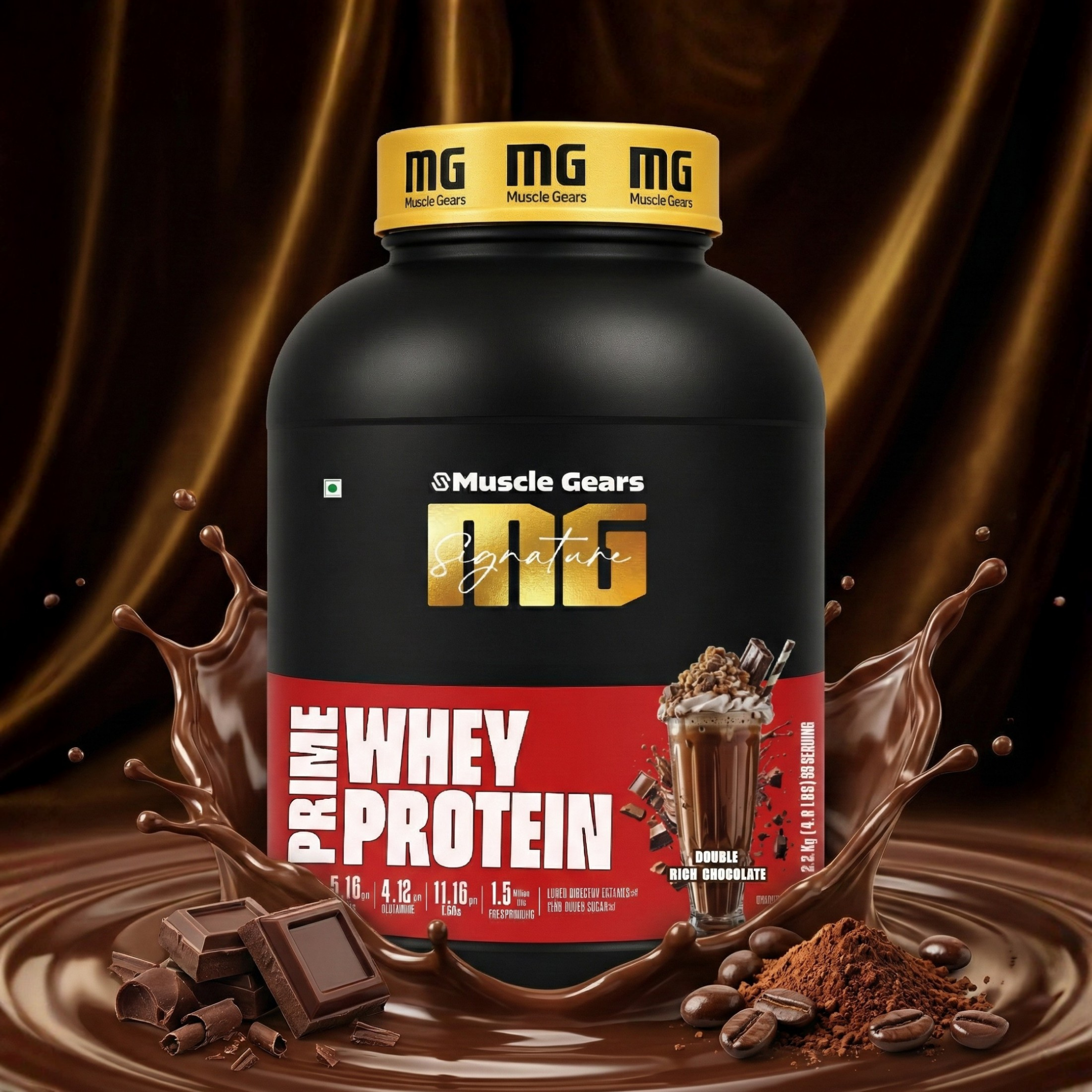 Muscle Gears Prime Whey Protein container with chocolate and coffee elements on a dark background