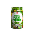 A container of Muscle Gears Vegan Plant Protein powder with green and white color theme and plant illustrations.