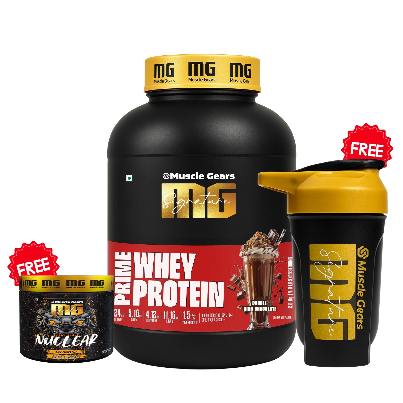 Muscle Gears protein supplement with shaker and sample container on a white background