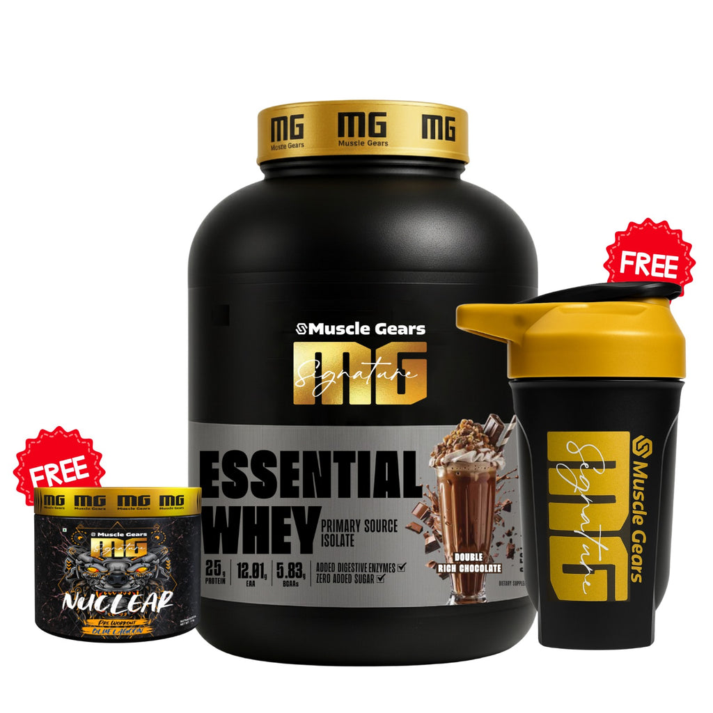 Muscle Gears whey protein supplement with shaker and sample pack on a white background