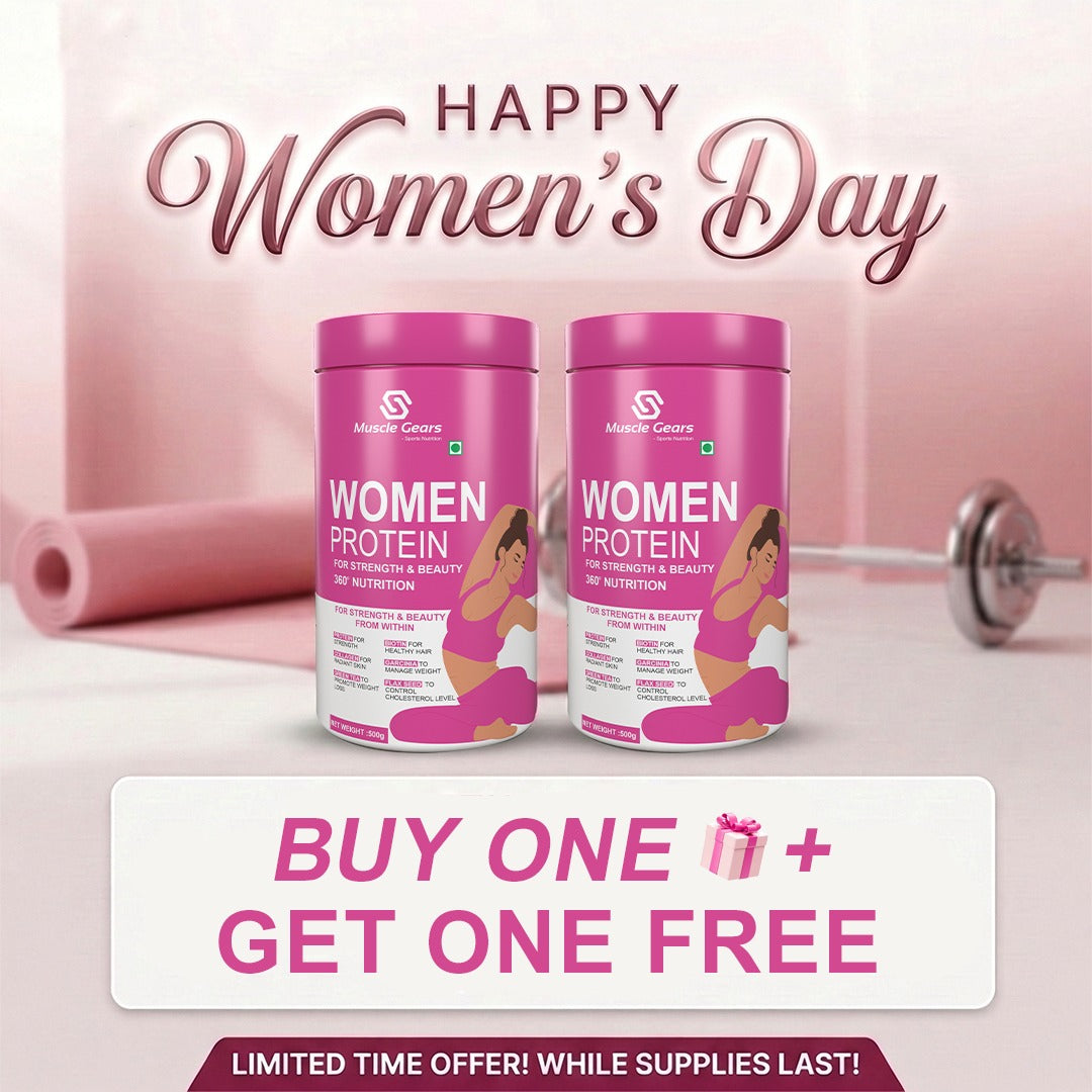 Two containers of women's protein powder with promotional text for Women's Day on a pink background.