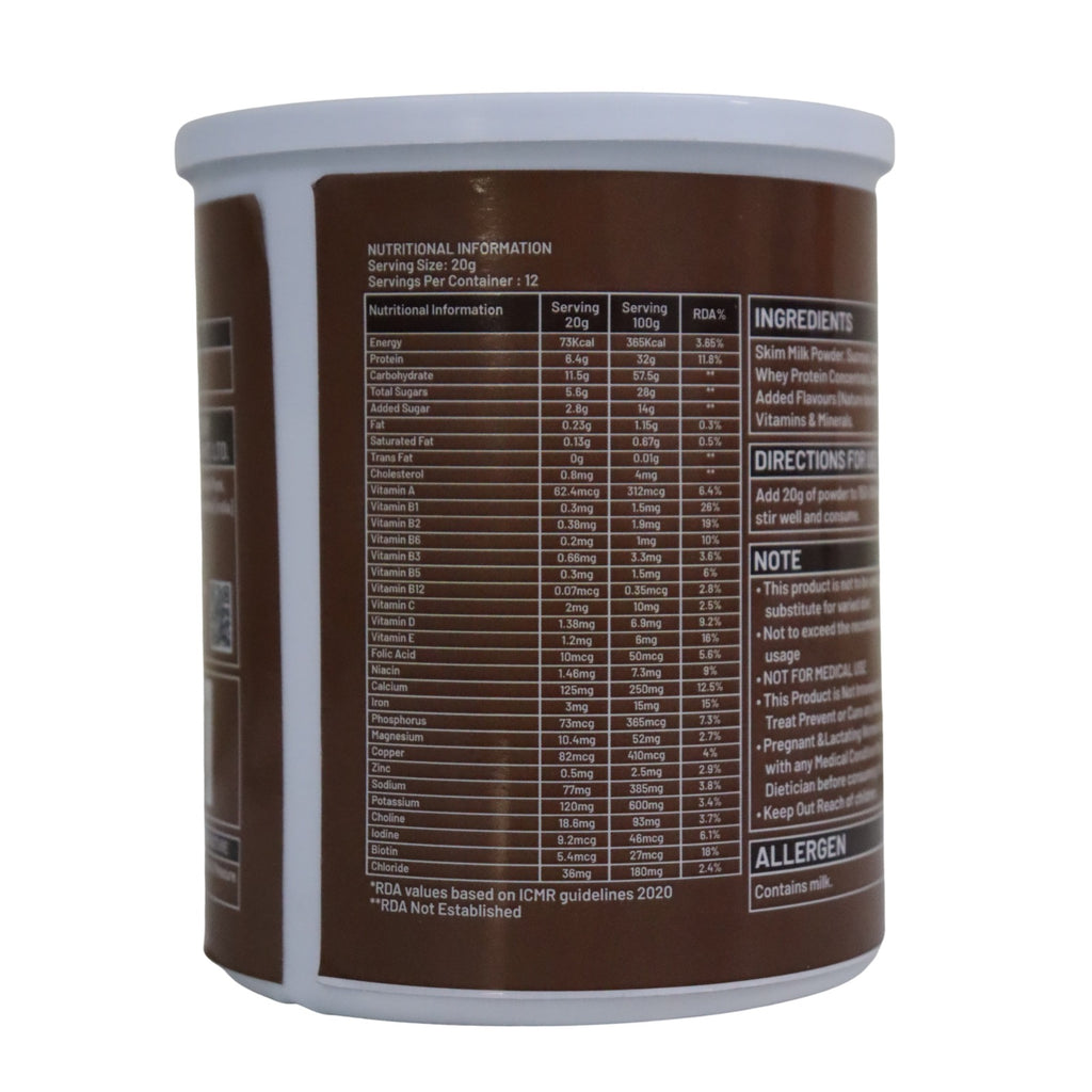 Back view of a supplement container with nutritional information and ingredients listed.