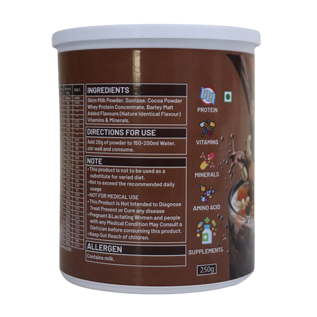 Back view of a protein powder container with label details on a white background