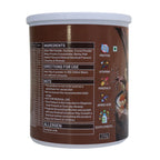 Back view of a protein powder container with label details on a white background