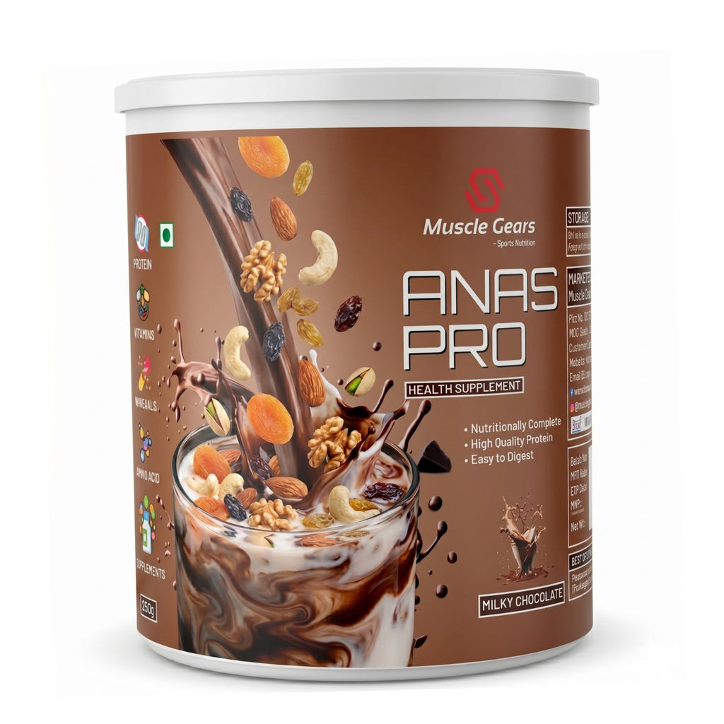 Muscle Gears ANAS PRO health supplement container with chocolate and snack mix imagery on a white background