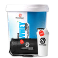 Muscle Gears whey protein supplement with shaker and bag on a white background