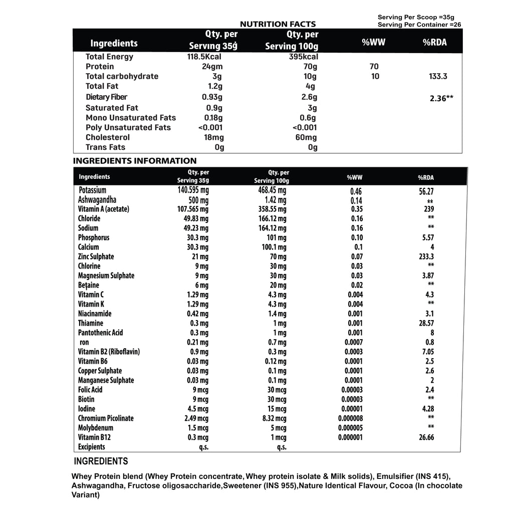Nutrition facts and ingredients label for a protein supplement with a QR code and barcode at the bottom.