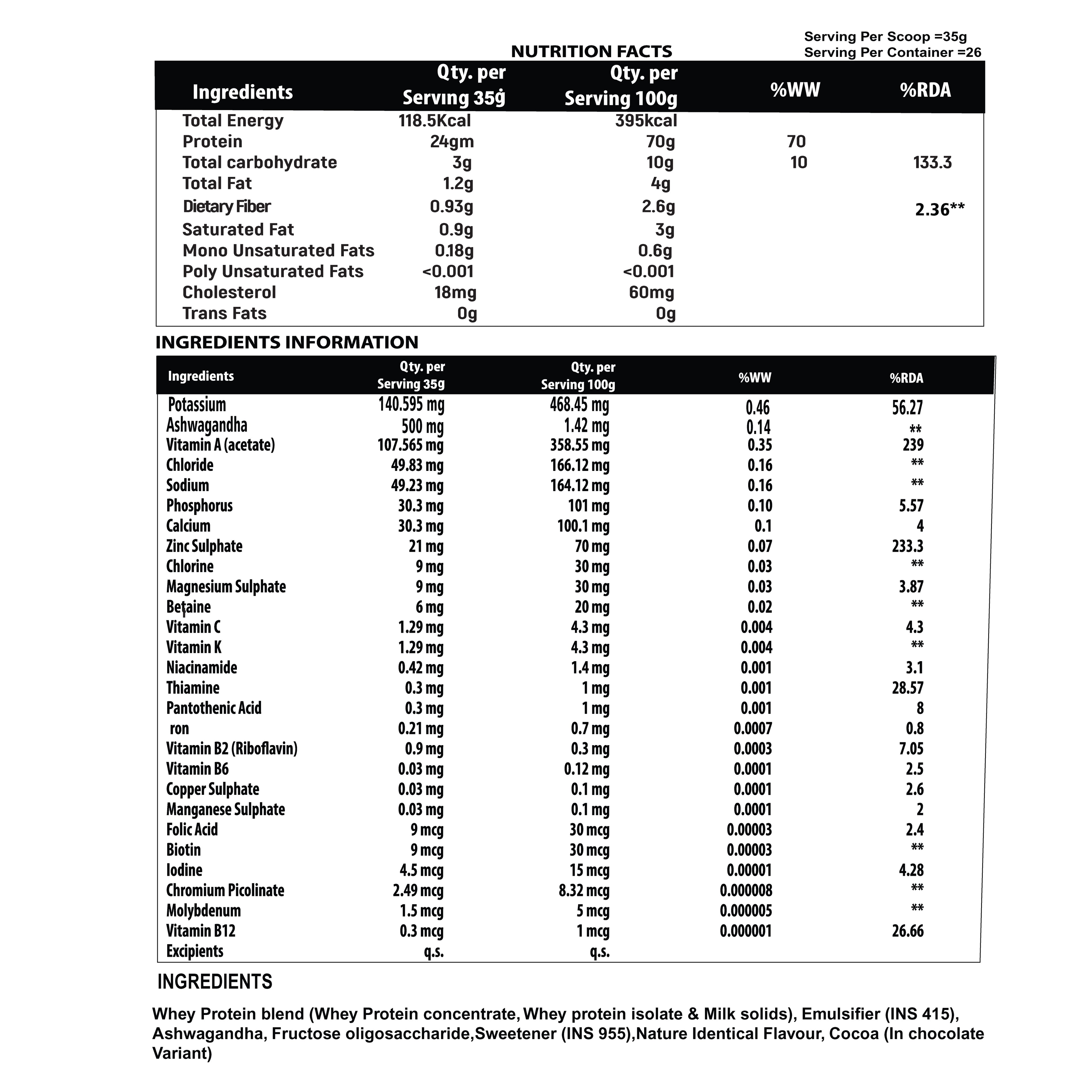 Nutrition facts and ingredients label for a protein supplement with a QR code and barcode at the bottom.