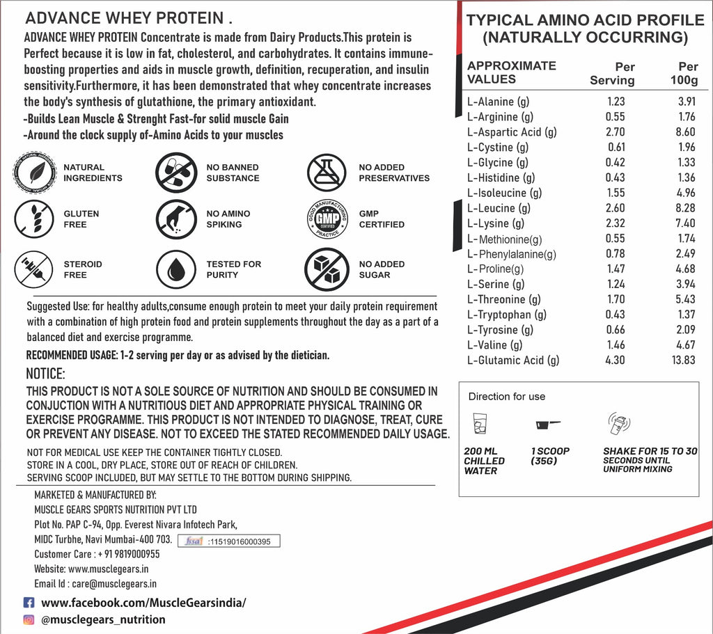 Muscle Gears Advanced Whey Protein Powder | 24g Protein per Scoop | Fast Absorption | Supports Muscle Growth & Recovery