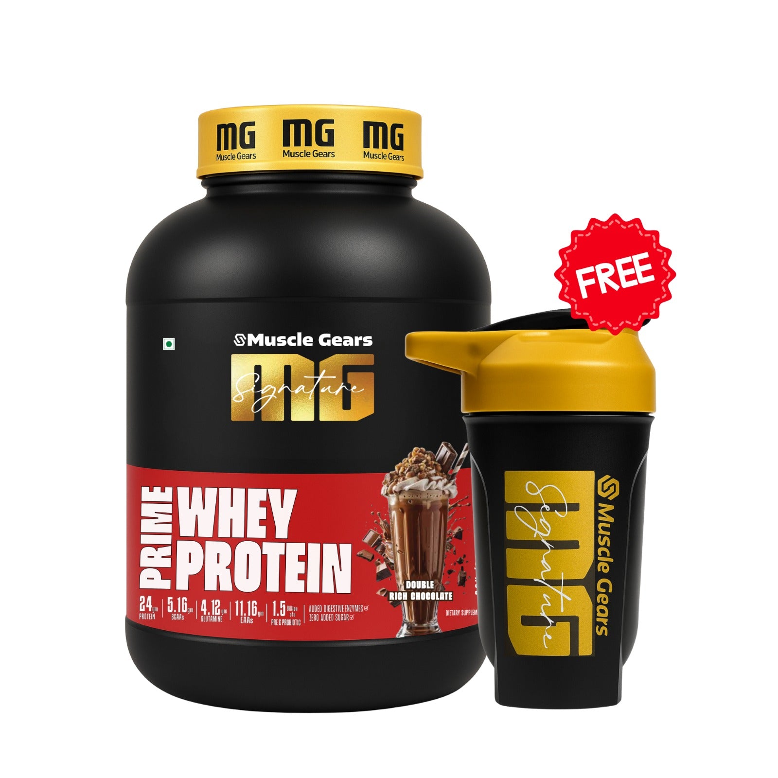 Muscle Gears Prime Whey Protein with a free shaker on a white background