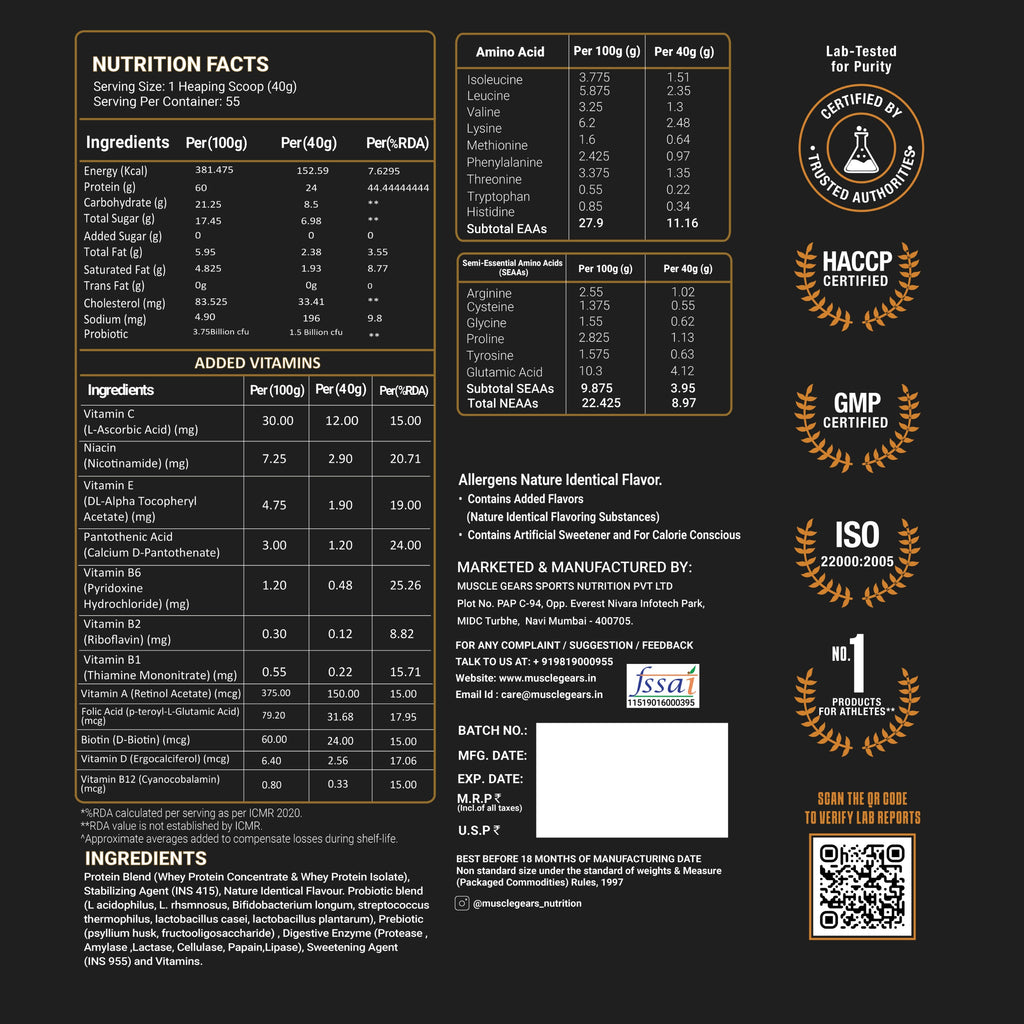 Nutrition facts label with certification logos on a black background