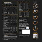 Nutrition facts label with certification logos on a black background