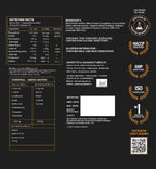 Nutrition facts label and certification logos on a black background