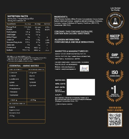 Nutrition facts label and certification logos on a black background
