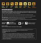 Whey protein supplement label with icons and text on a black background