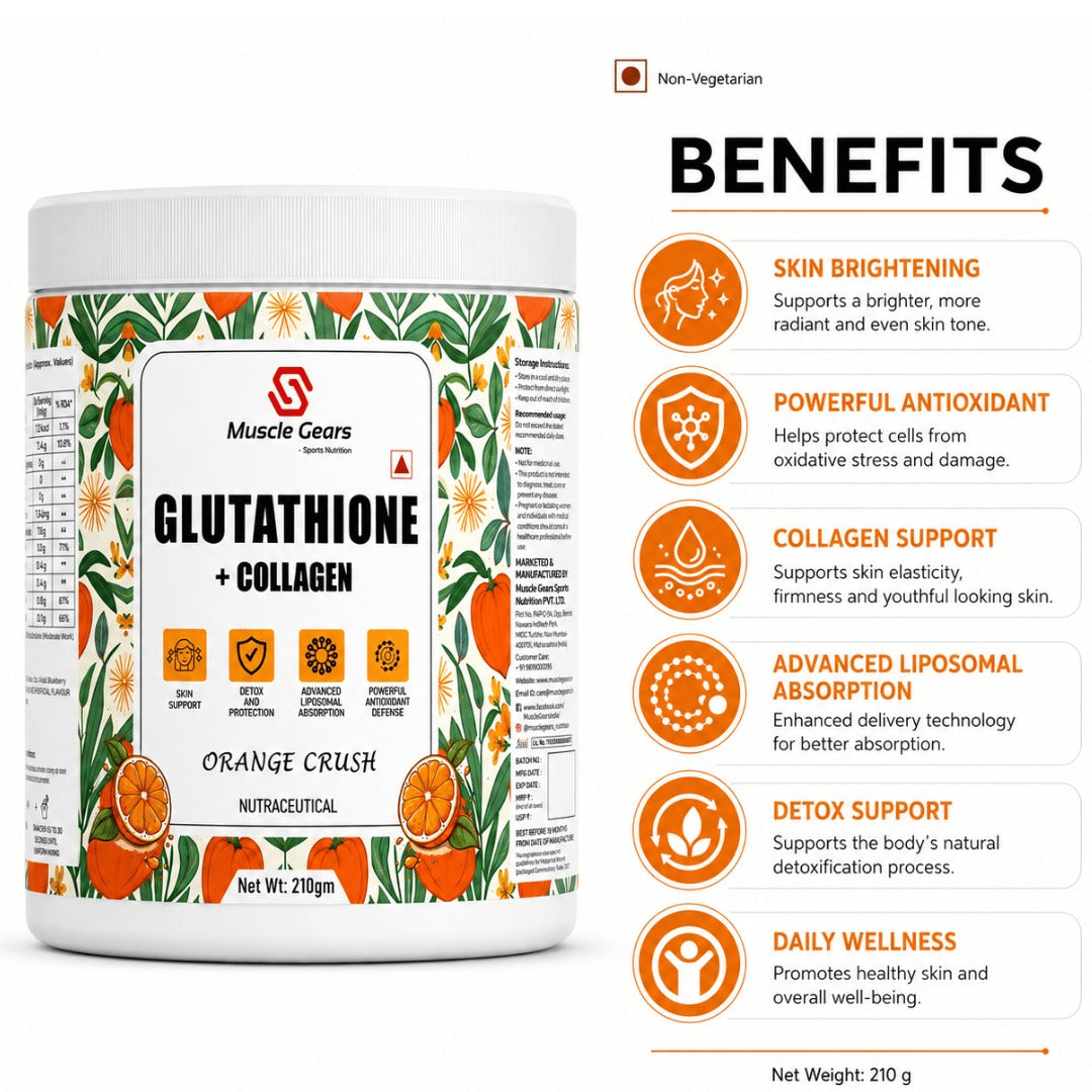 Muscle Gears Glutathione + Collagen | Skin Glow, Hair & Nail Support | Antioxidant Formula | Non-Vegetarian Supplement