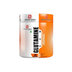 A container of Muscle Gears Glutamine Raw in white and orange color with 20 servings indicated.