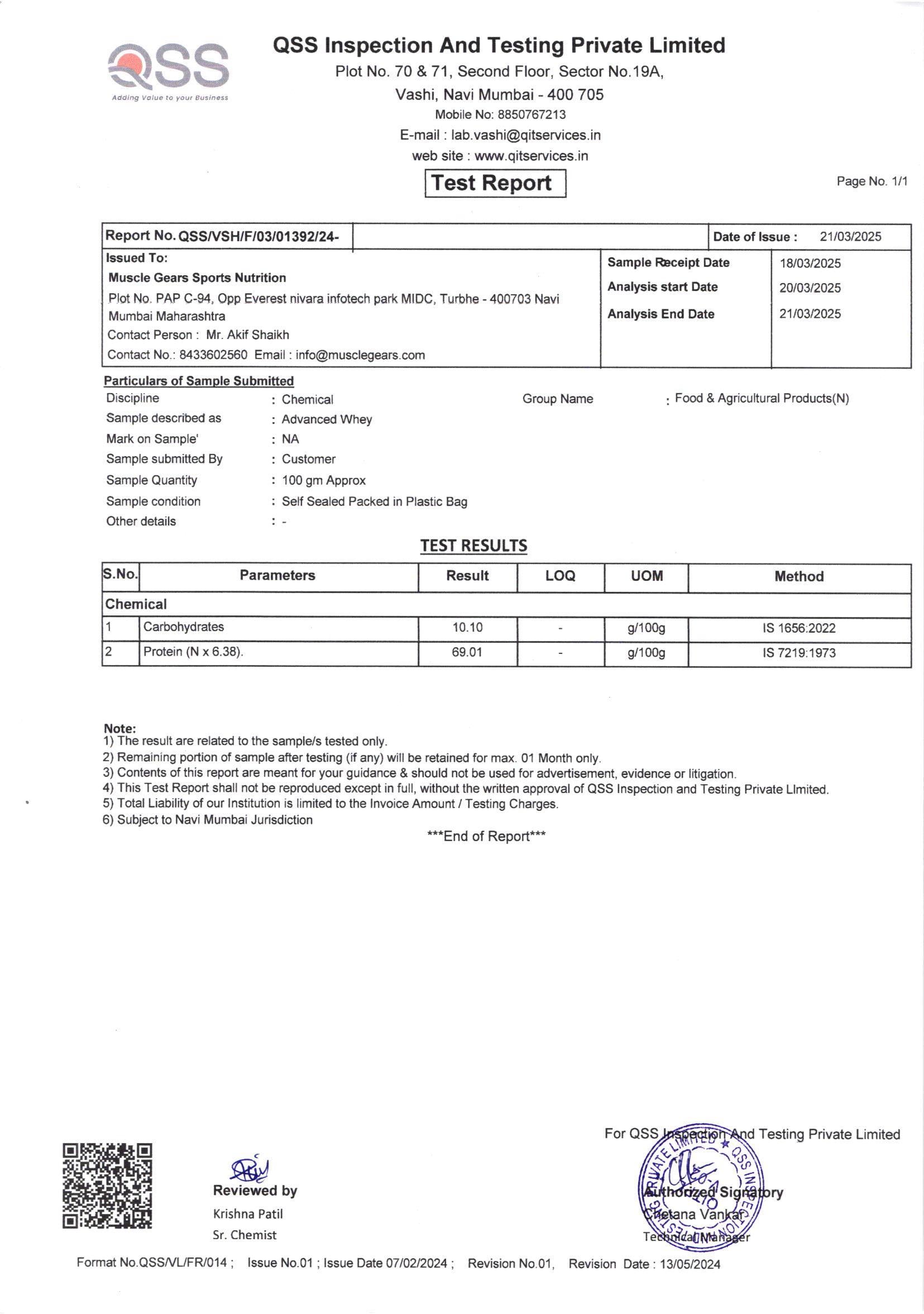 Test report from QSS Inspection and Testing Private Limited with various details and results.