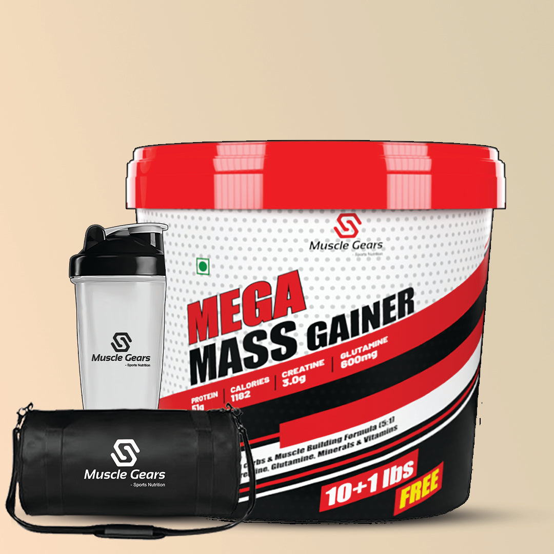 Mega Mass Gainer supplement container with shaker and bag on a beige background