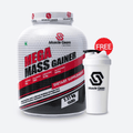 Mega Mass Gainer supplement container with a free shaker bottle on a white background