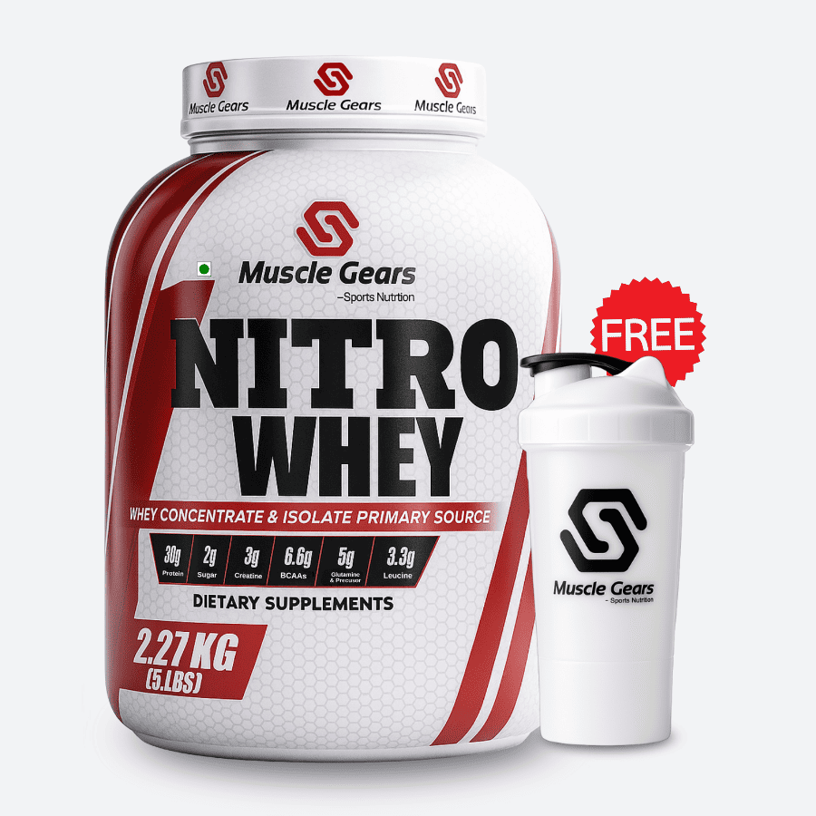 Muscle Gears Nitro Whey supplement container with a shaker bottle on a white background