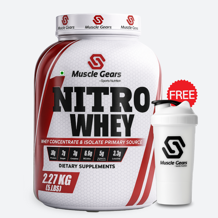 Muscle Gears Nitro Whey supplement container with a shaker bottle on a white background
