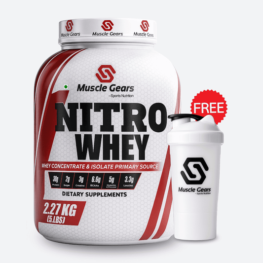 Muscle Gears Nitro Whey supplement container with a shaker bottle on a white background