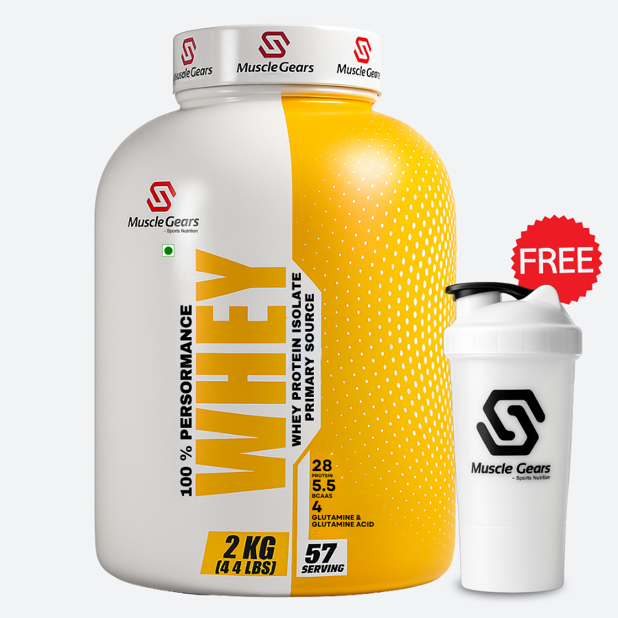 Yellow and white protein supplement bottle with a white shaker cup on a white background, featuring Muscle Gears branding.