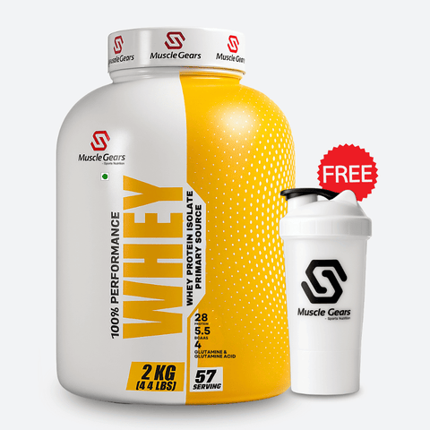 Yellow and white protein supplement bottle with a white shaker cup on a white background, featuring Muscle Gears branding.