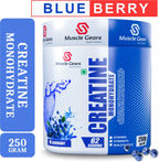 Muscle Gears Creatine Monohydrate supplement container with blueberry flavor on a white background