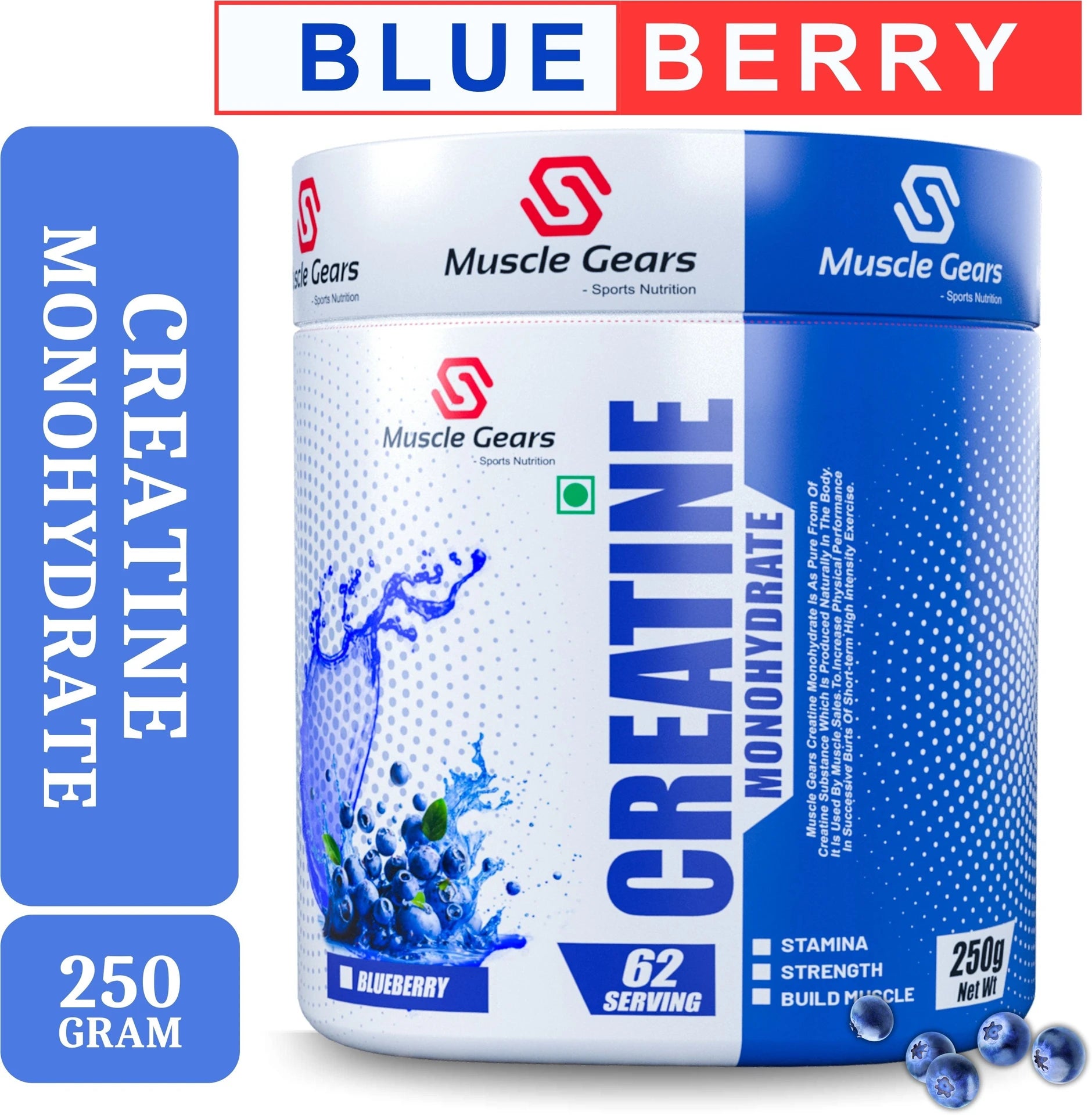 Muscle Gears Creatine Monohydrate supplement container with blueberry flavor on a white background