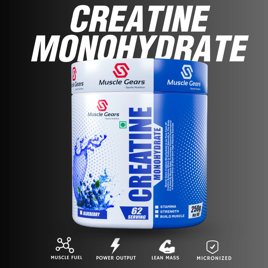 Two containers of Muscle Gears Creatine Monohydrate on a dark background
