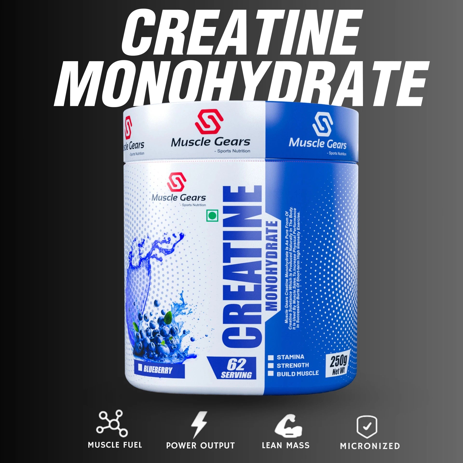 Two containers of Muscle Gears Creatine Monohydrate on a dark background