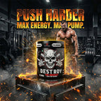 Pre-workout supplement container with muscular man lifting weights in a gym setting.
