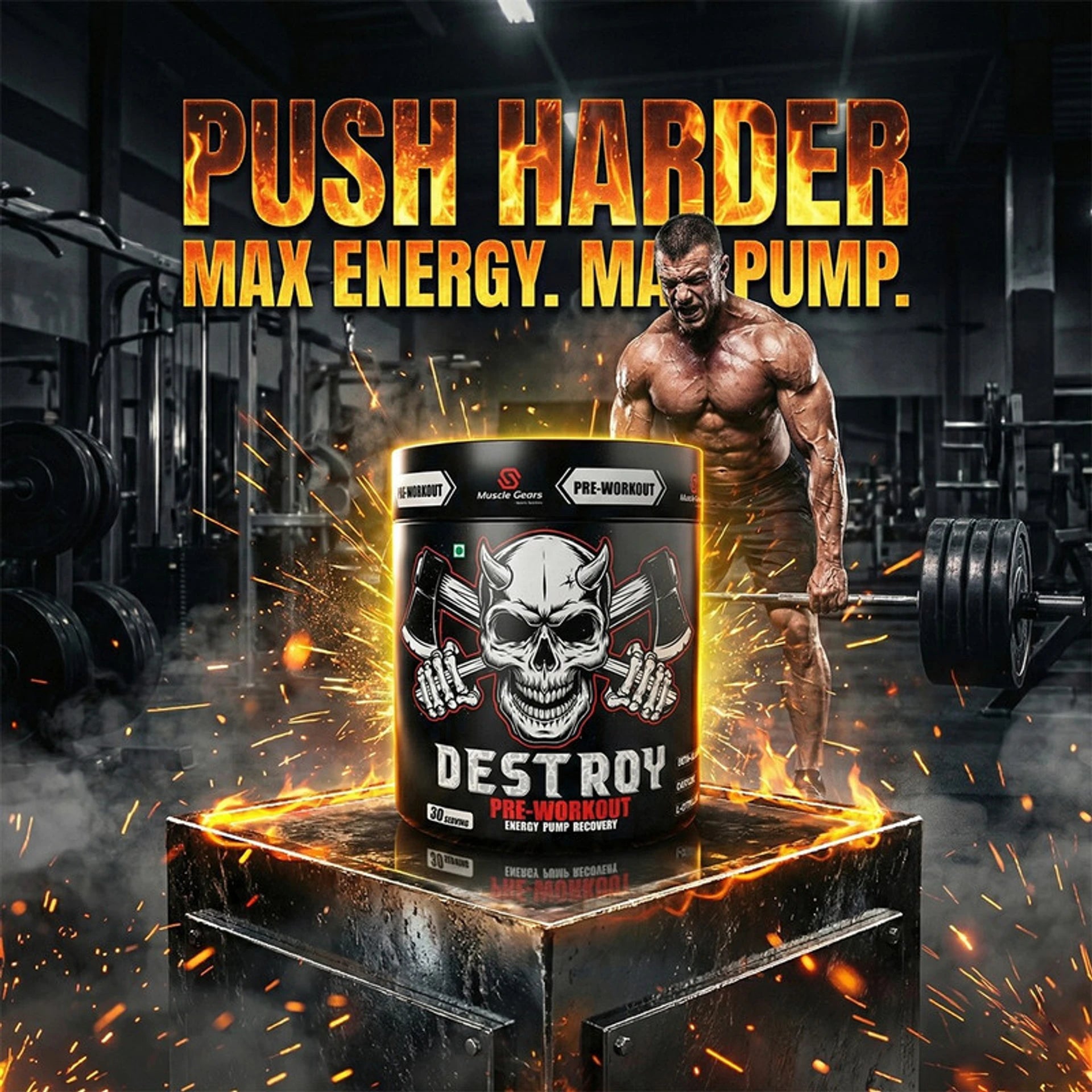 Pre-workout supplement container with muscular man lifting weights in a gym setting.