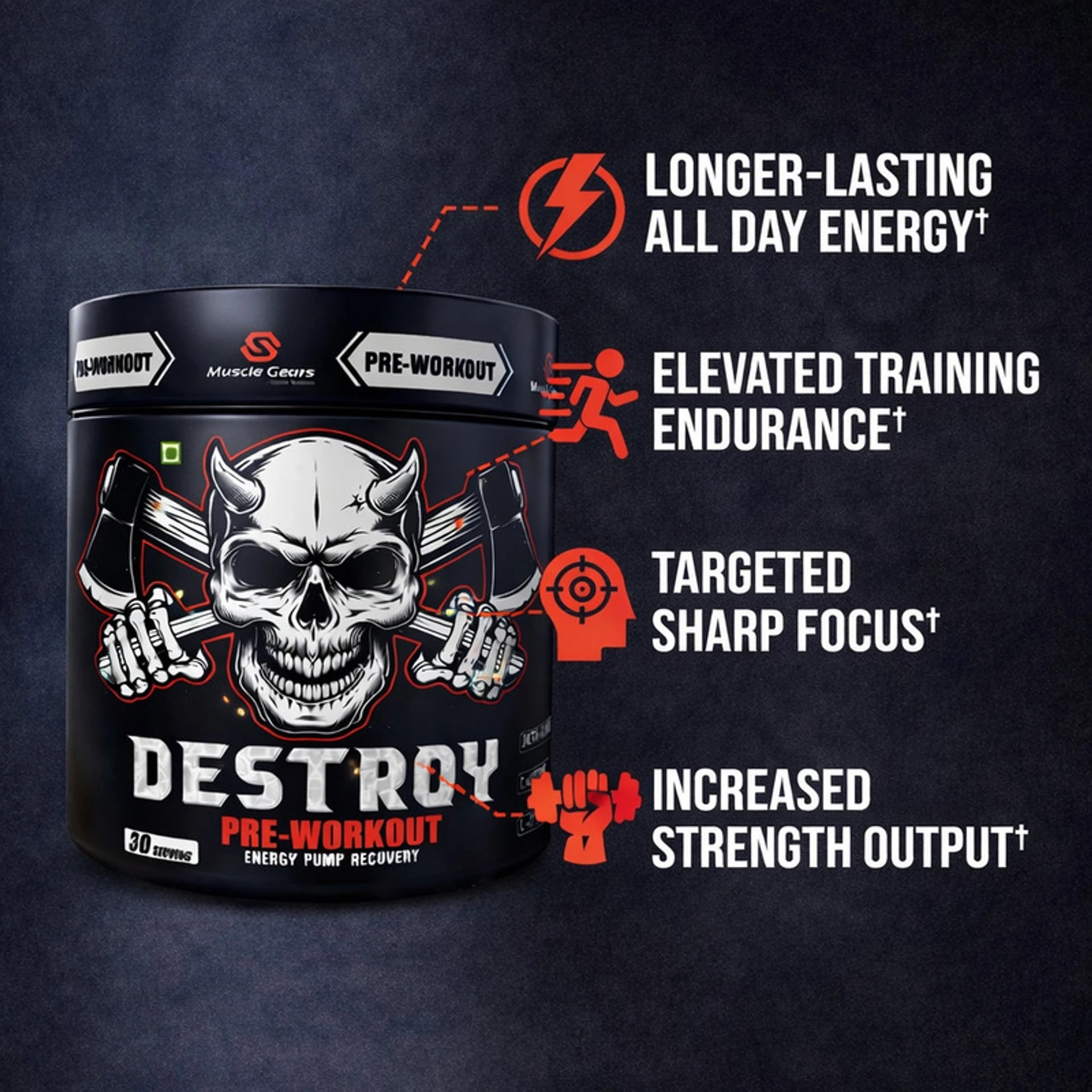 Pre-workout supplement container with skull design on a dark background, featuring text about supplement benefits.