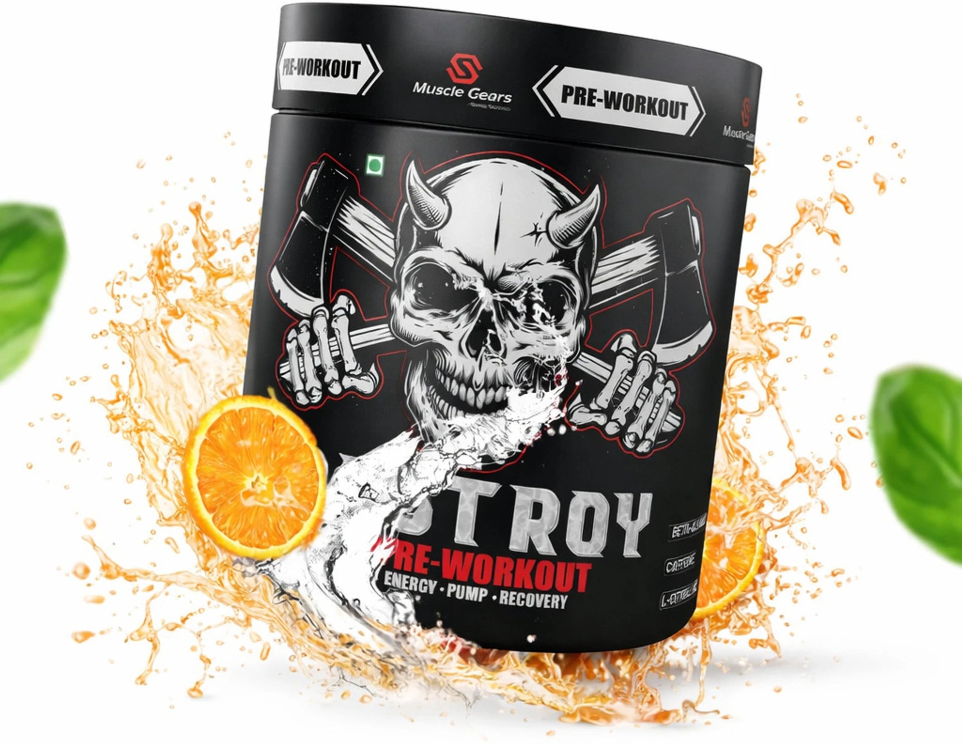 Pre-workout supplement container with skull design and orange splash on a white background