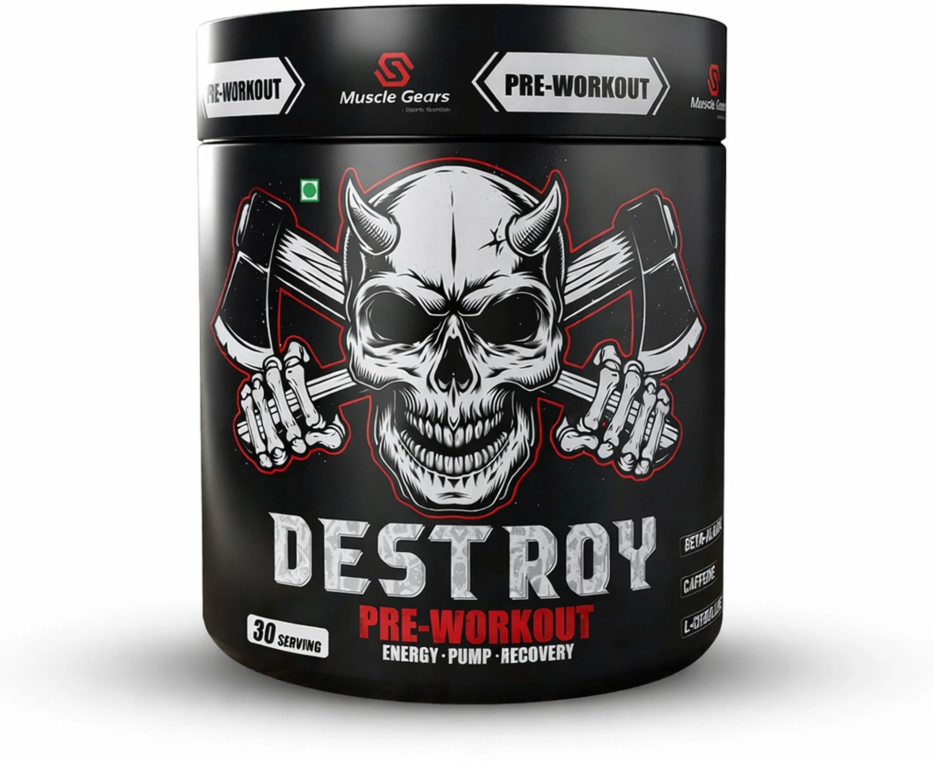 Pre-workout supplement container with skull design and 'DESTROY' text on a white background