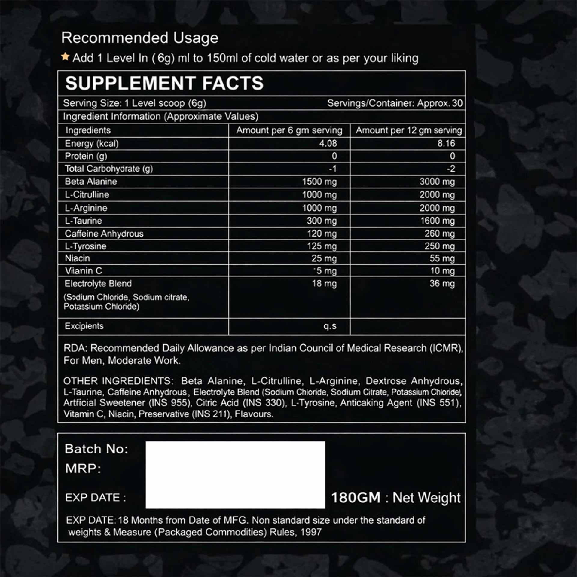 Supplement label with detailed ingredient list and nutritional information on a dark background