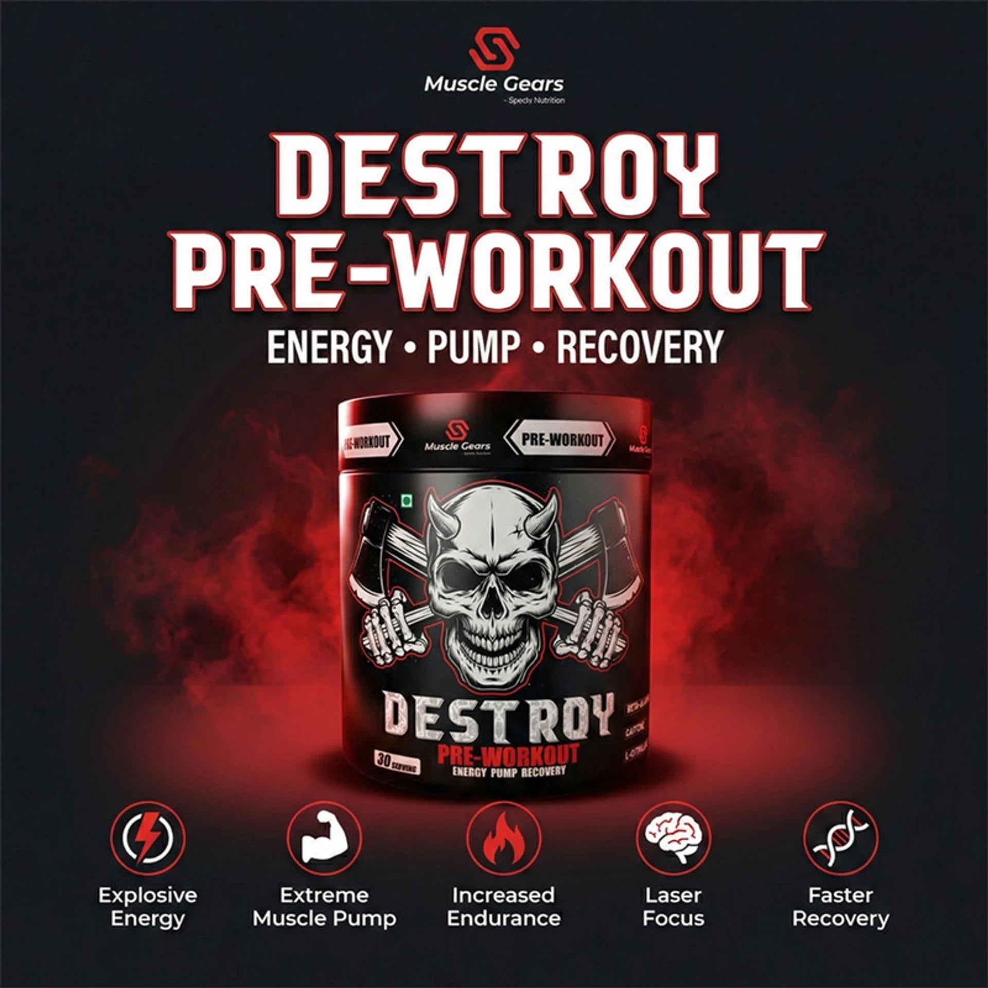 Pre-workout supplement container with skull design on a dark background, featuring the brand 'Muscle Gears'.