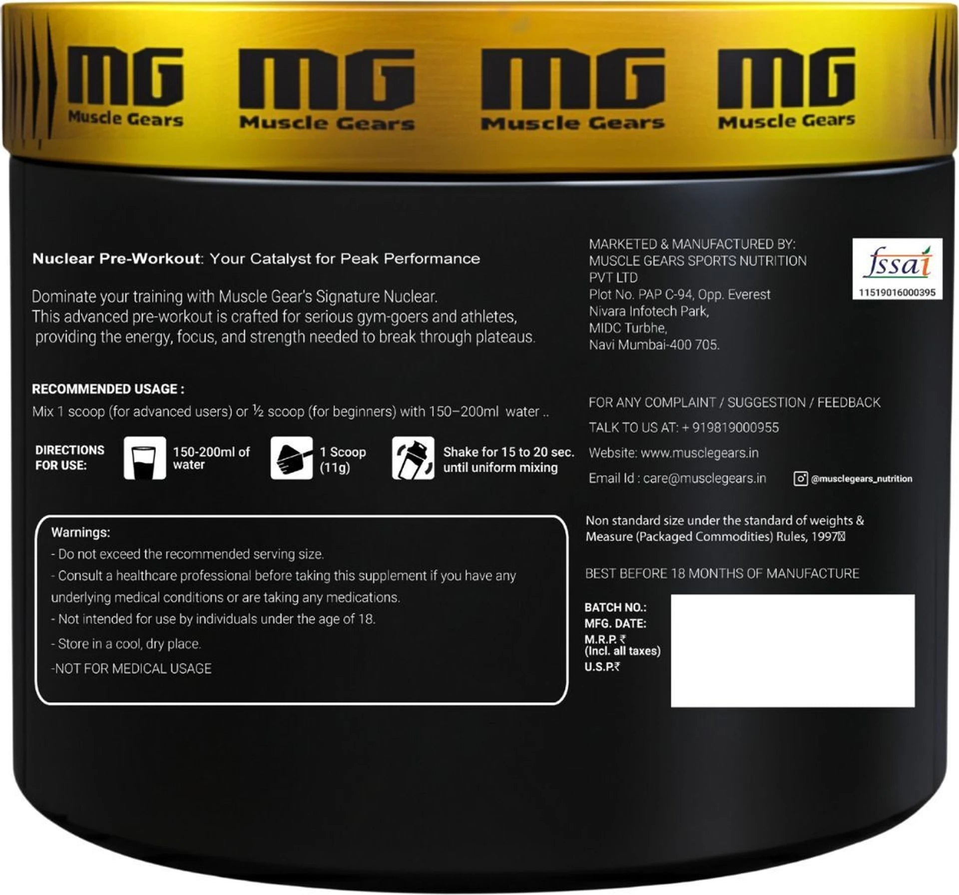 Muscle Gears Nuclear Pre-Workout Powder with Creatine HCL & AAKG | Energy, Strength & Workout Performance Support