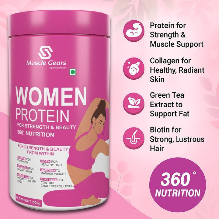 Muscle Gears Women Protein Powder Chocolate 500g Combo Whey Protein for Women with Biotin, Collagen & Green Tea