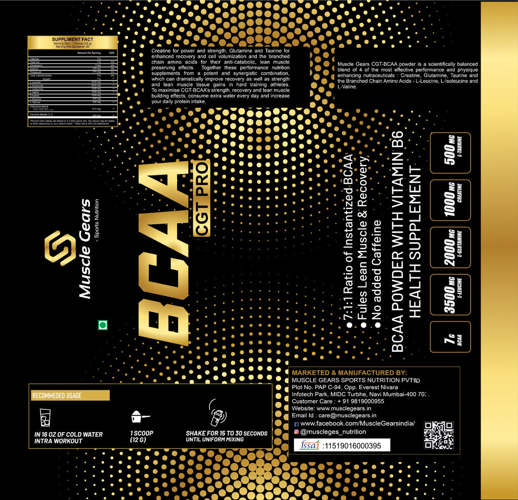 BCAA supplement packaging with gold and black design