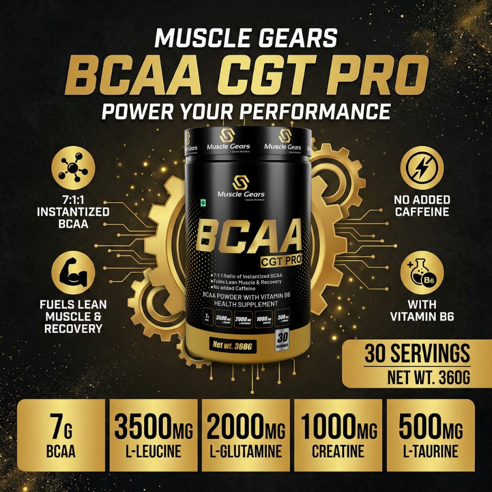 Muscle Gears BCAA CGT Pro supplement container with features and benefits on a dark background