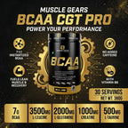 Muscle Gears BCAA CGT Pro supplement container with features and benefits on a dark background