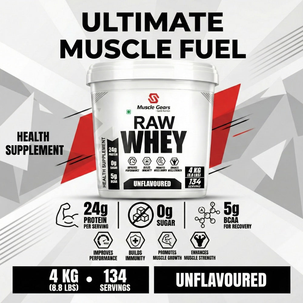 Muscle Gears Raw Whey Protein | 24g Protein per Serving, No Added Sugar, No Soy, No Colour, Ultra-Filtered Whey for Muscle Growth & Recovery